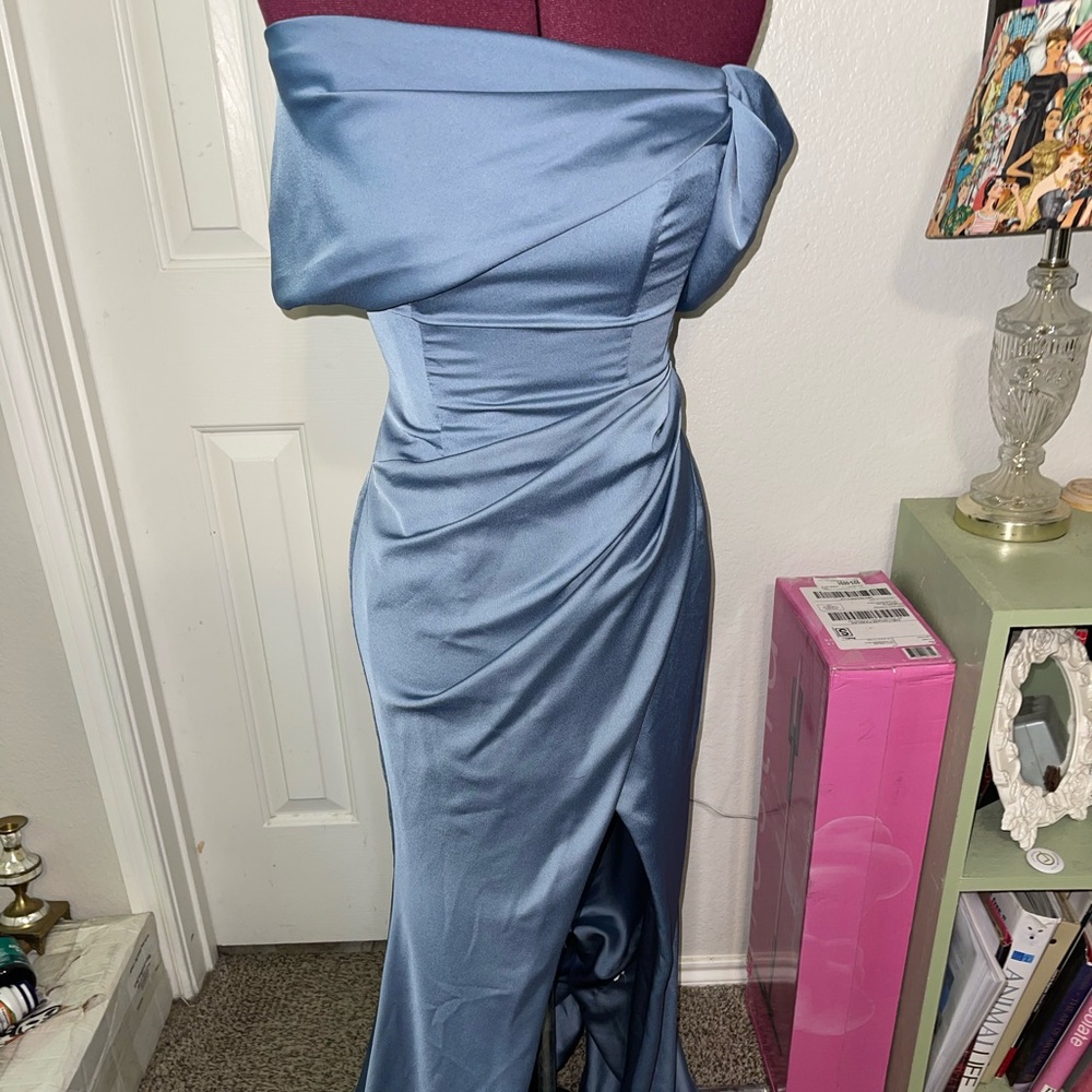 Dusky blue off the shoulder prom dress
